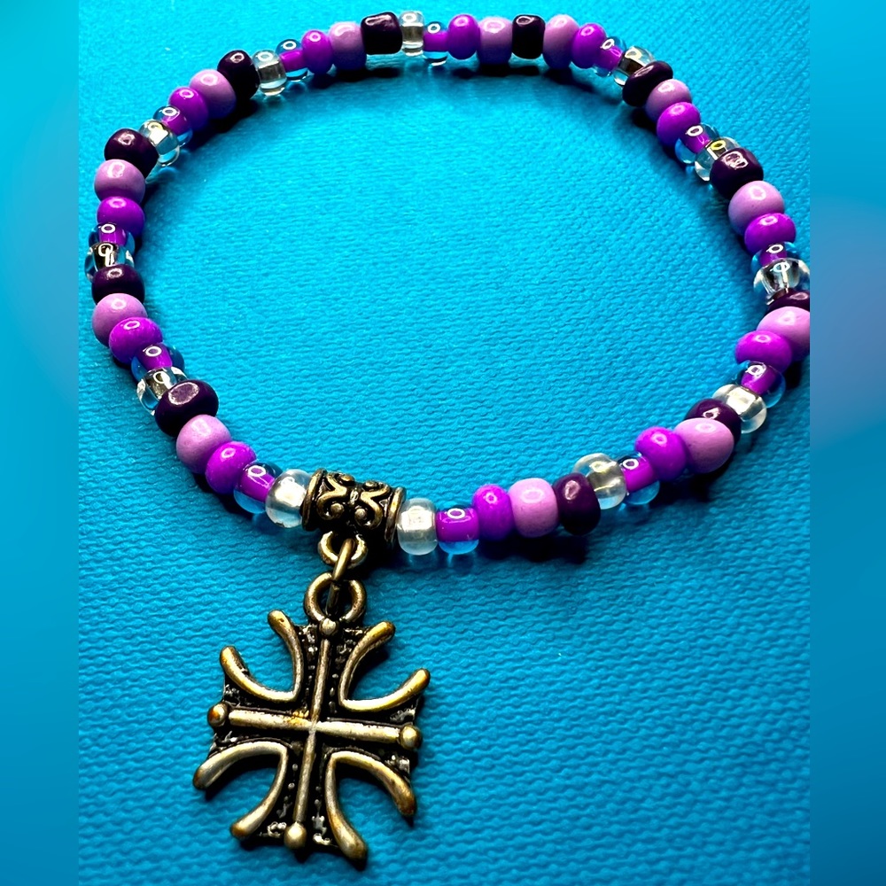 Purple Glass Bead Bracelet W/ Charm